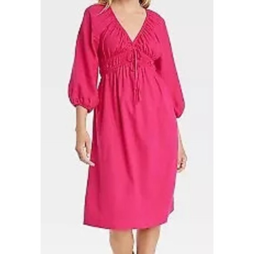 Women's Tie-Front Puff 3/4 Sleeve Midi Dress - Universal Thread Pink S $30